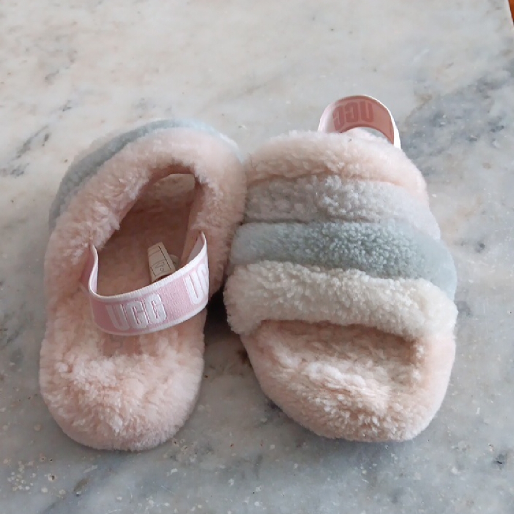 UGG Kids Pastel Pink and Light Blue Fuzz Slide Sandals